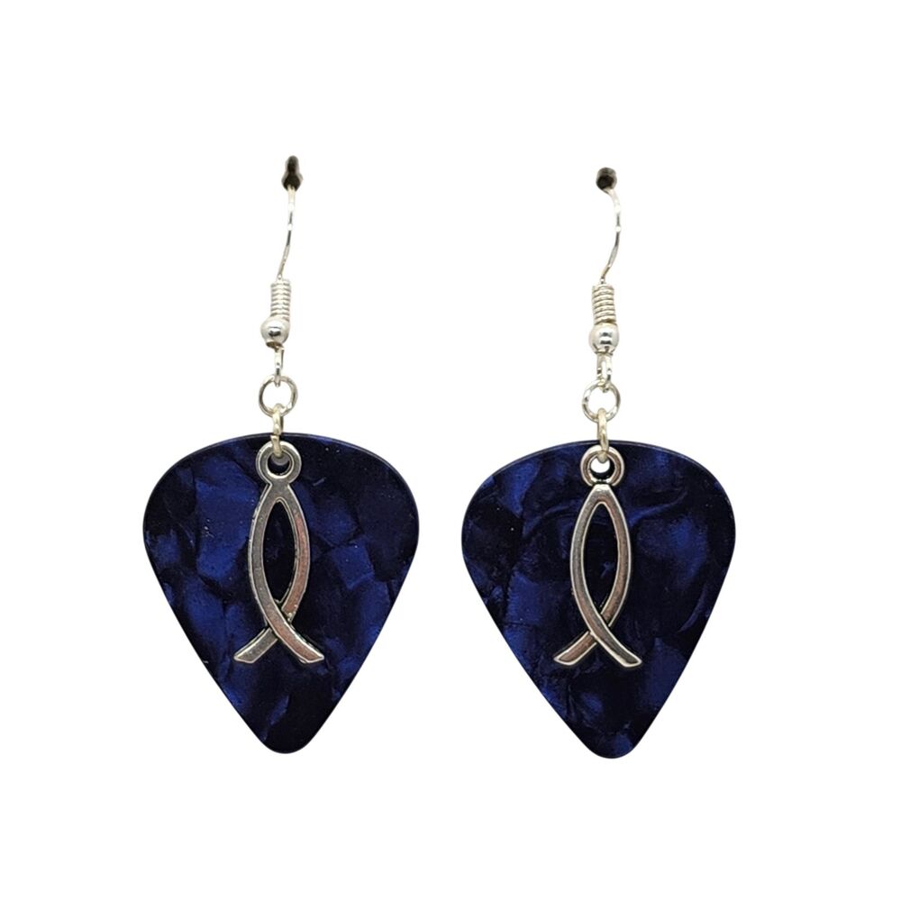 Religious Fish Symbol Charm Guitar Pick Earrings - Choose Color - Handmade USA